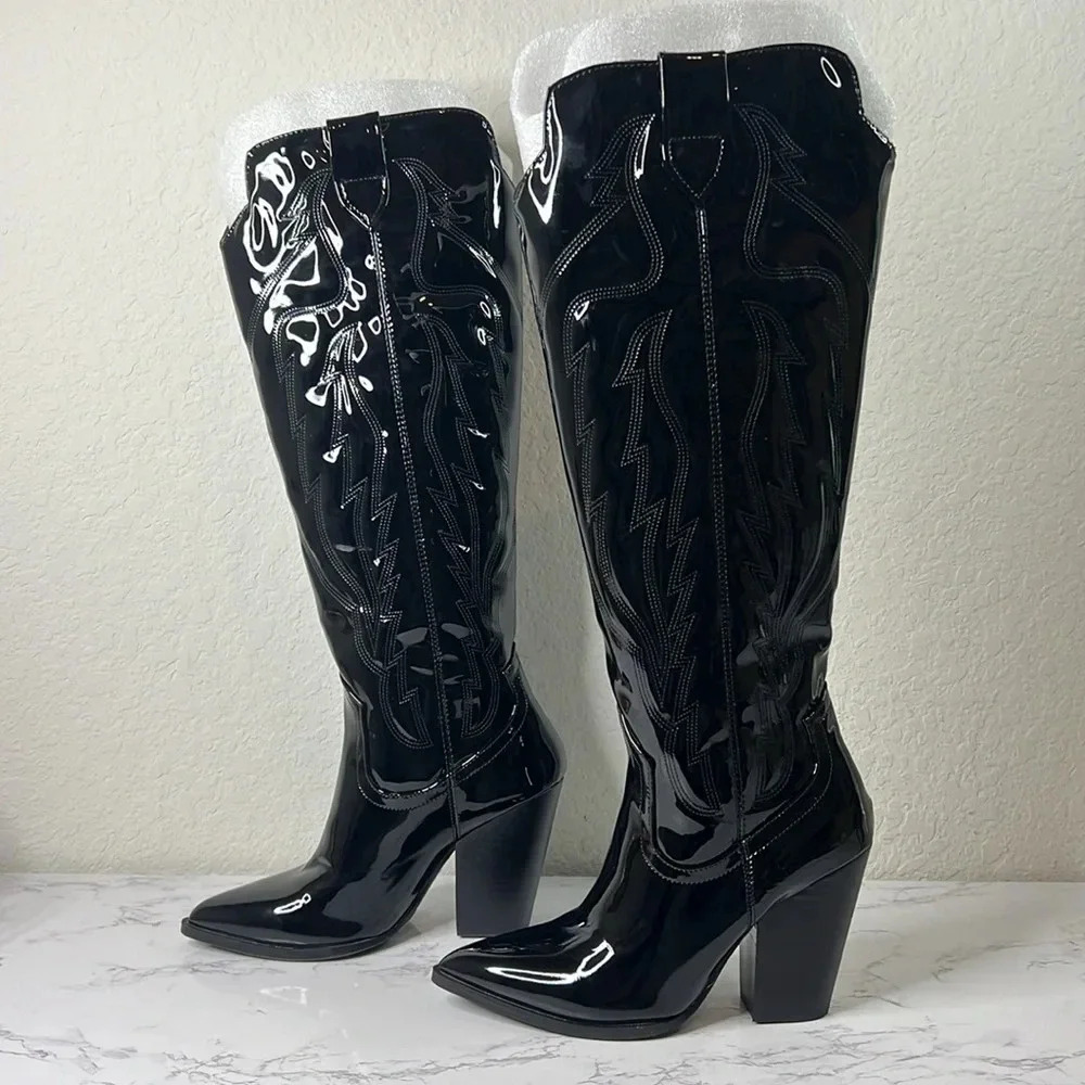 Steve Madden Black Patent Leather Knee-High Western Heeled Boots